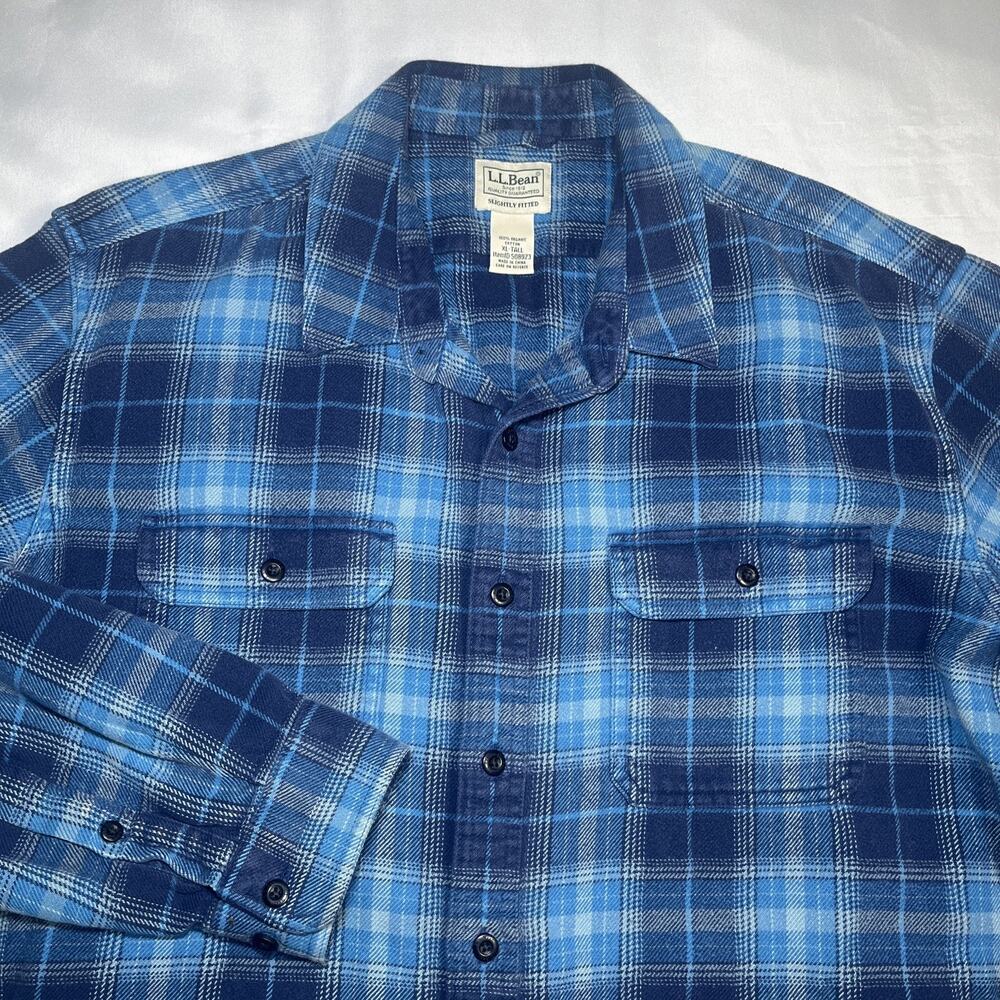 LL Bean Mens Flannel Shirt Size XL Tall 100% Organic Cotton Blue Plaid *HOLE*